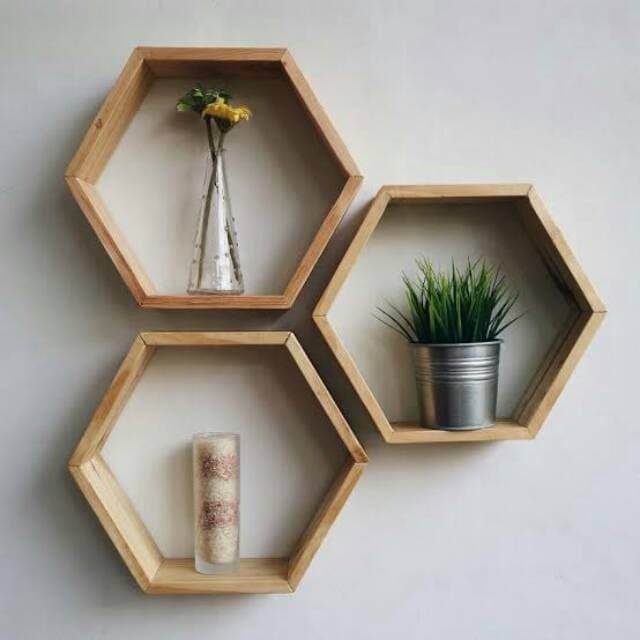 Rak Dinding Kayu Heksagonal Segi 6
