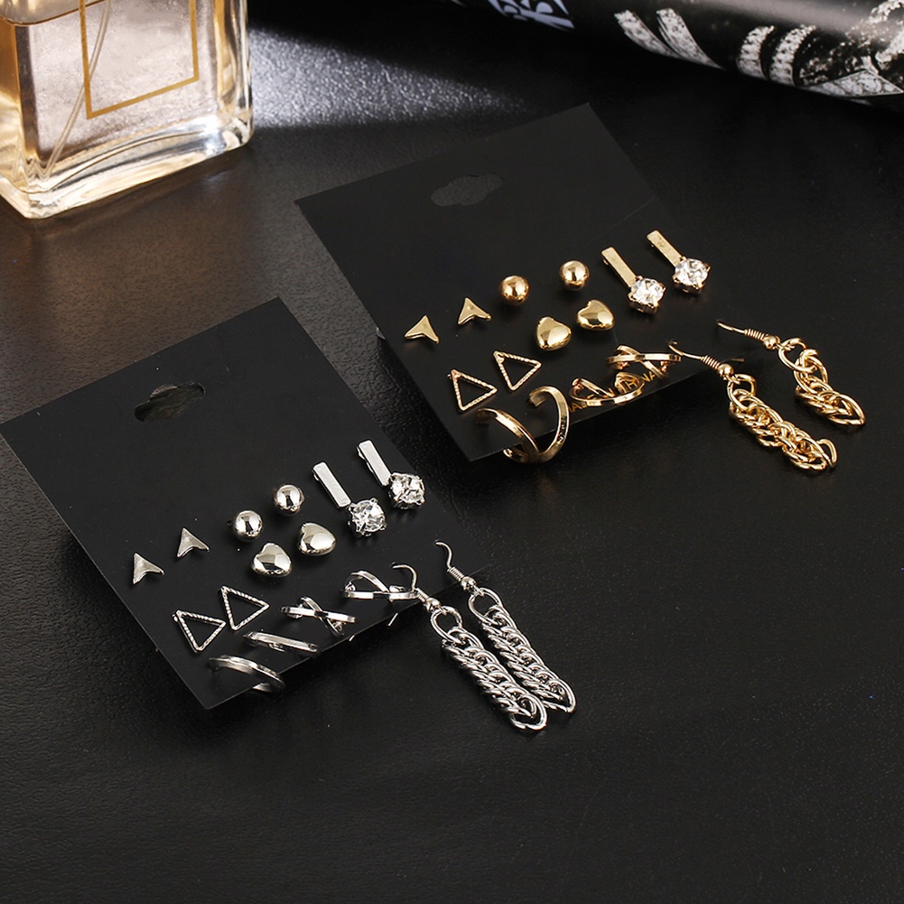 Hu Hu Hu Hu Hu Alat Bantu Pasang Kacamata♡ 9 Pasang Anting Tusuk Berlian Imitasi Bentuk Hati / Segitiga Untuk Wanita