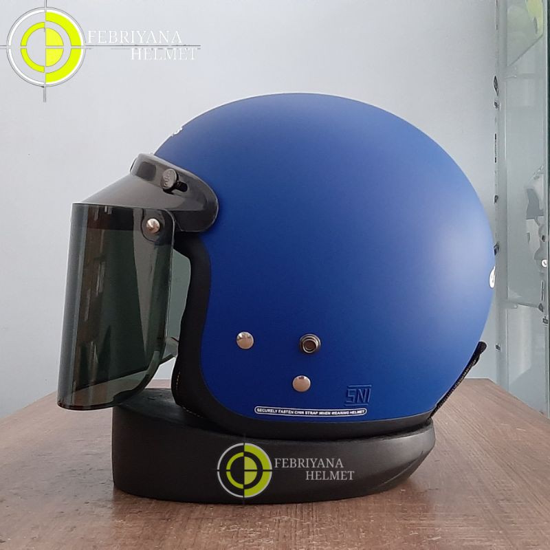Helm Cargloss Retro Biru Doff Kaca Datar