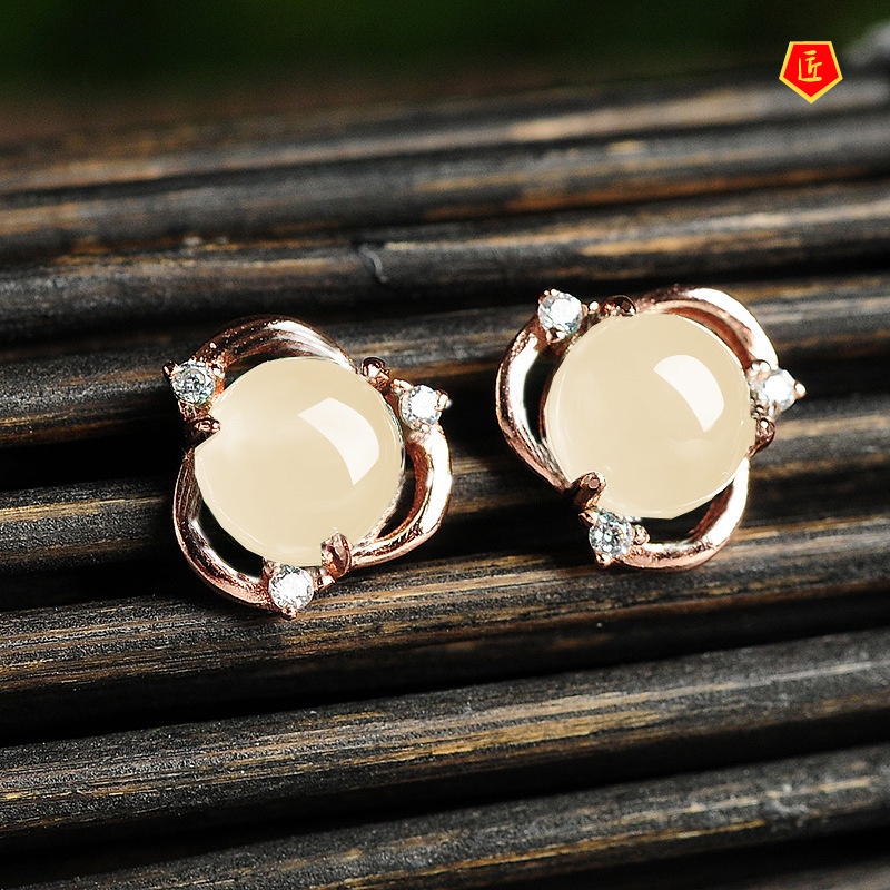 [Ready Stock]925 Silver Inlaid Ice Transparent Jade Flower Ear Studs