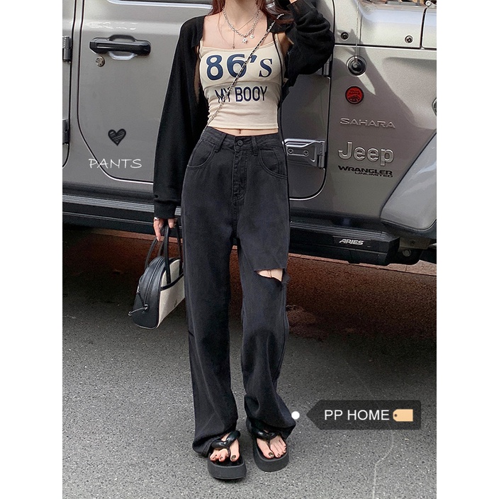 high waist salju hitam new celana jeans panjang wanitae  robek