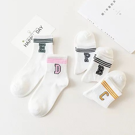 [littlecrab] Kaos Kaki Huruf E D P B C Cute Alphabet Women Socks Kaos Kaki Putih Soft Lembut Simple Berkualitas Kaos Kaki Lucu High Quality Kaos Kaki Panjang Korean Style