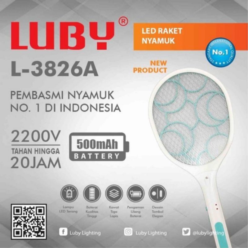 Raket Nyamuk cas Luby 3839 / 3838 / 3826A / 3853 Produk Original Baterei Litium lepasan+ kabel charge-