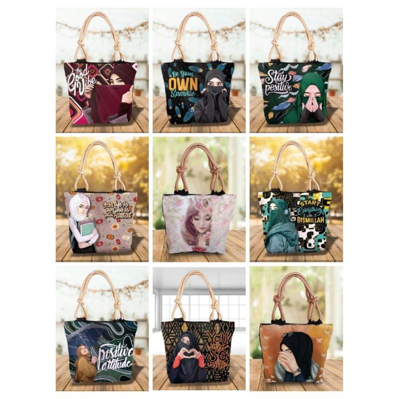 tas Tote bag tali sumbu hijaber/ Tote bag canvas sublim tas wanita