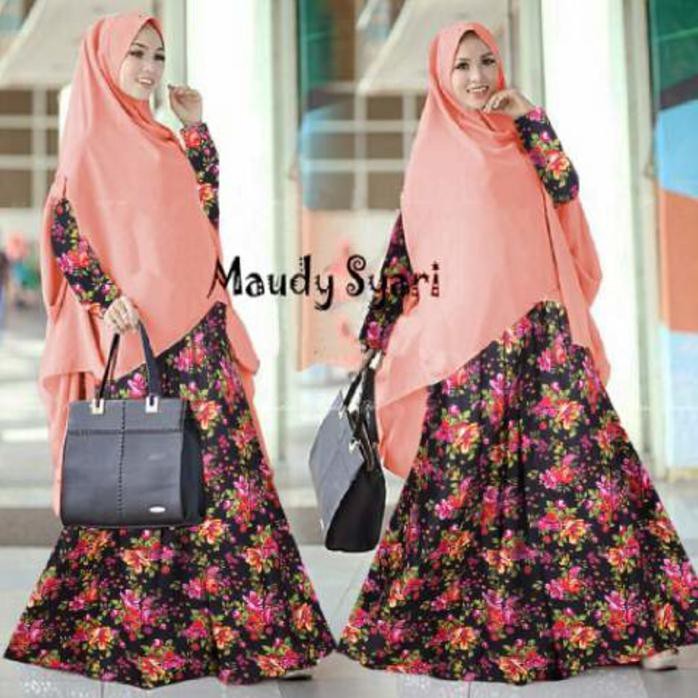Promo Baju Busana Muslim Gamis Maudy Syari Salem Katun Bergo Pad 2 Lyr