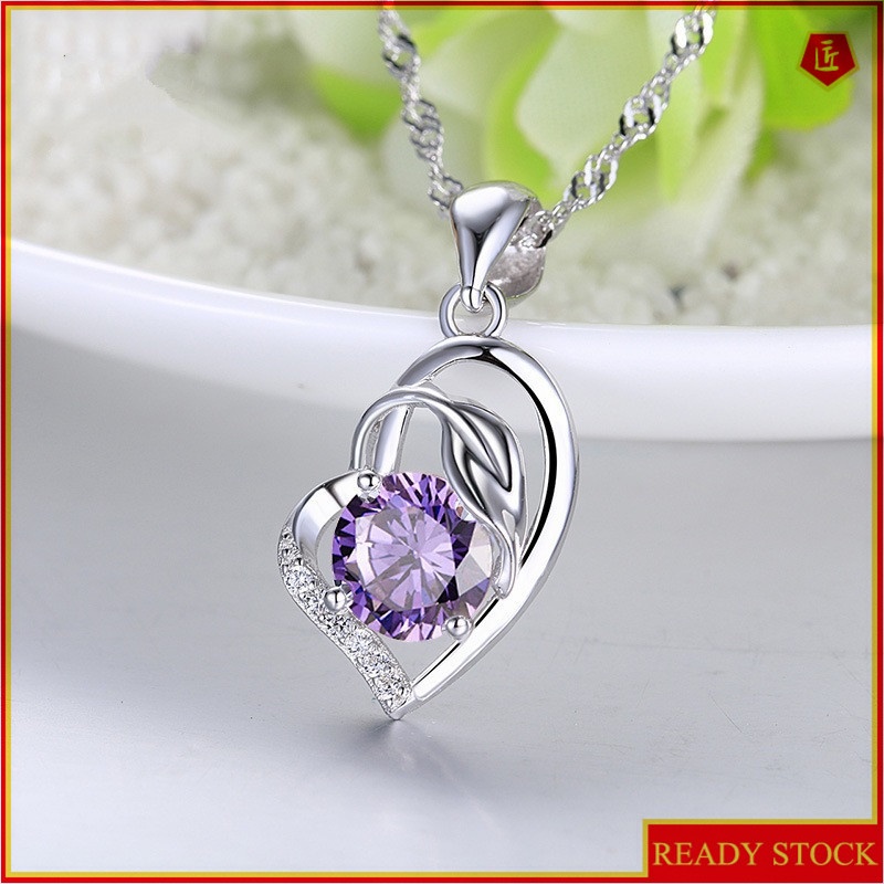 [Ready Stock]Fashion Simple Amethyst Clavicle Chain Heart-Shaped Pendant