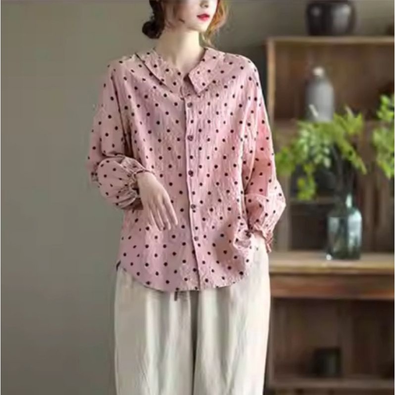 9871 Baju atasan kemeja BABYDOLL shirt lengan panjang motif polkadot pink navy cewek import baju ata