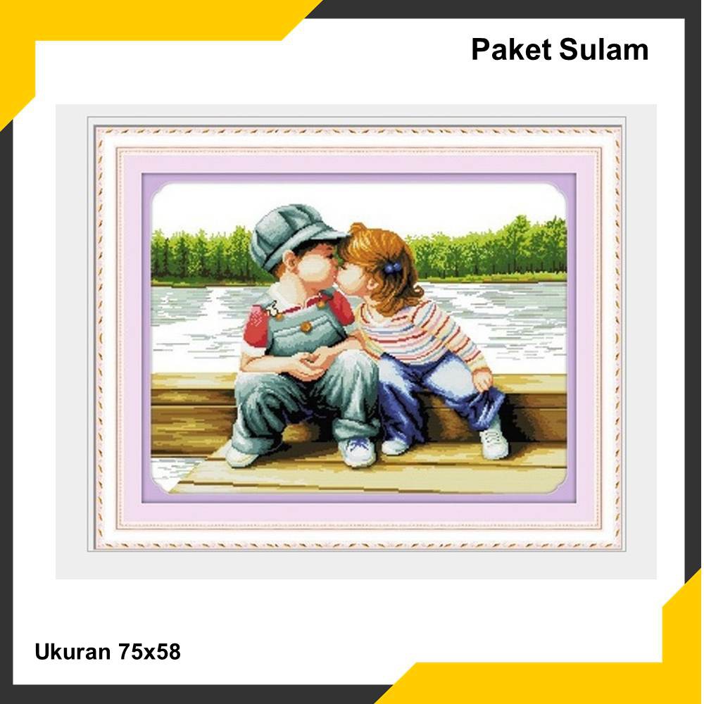 PAKET SULAM KRISTIK  CROSS STITCH . POLA DI KAIN DAN  POLA KERTAS MOTIF &quot;BOY AND GIRL&quot;