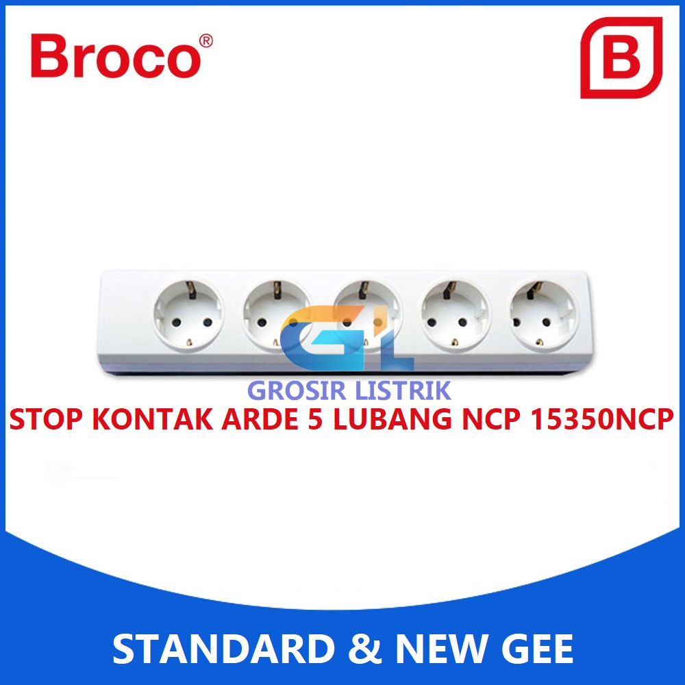 Broco Stop Kontak Arde 5 Lubang Putih 15350-NCP (Socket 2P Lobang) 15350 Original Grosir Promo Murah