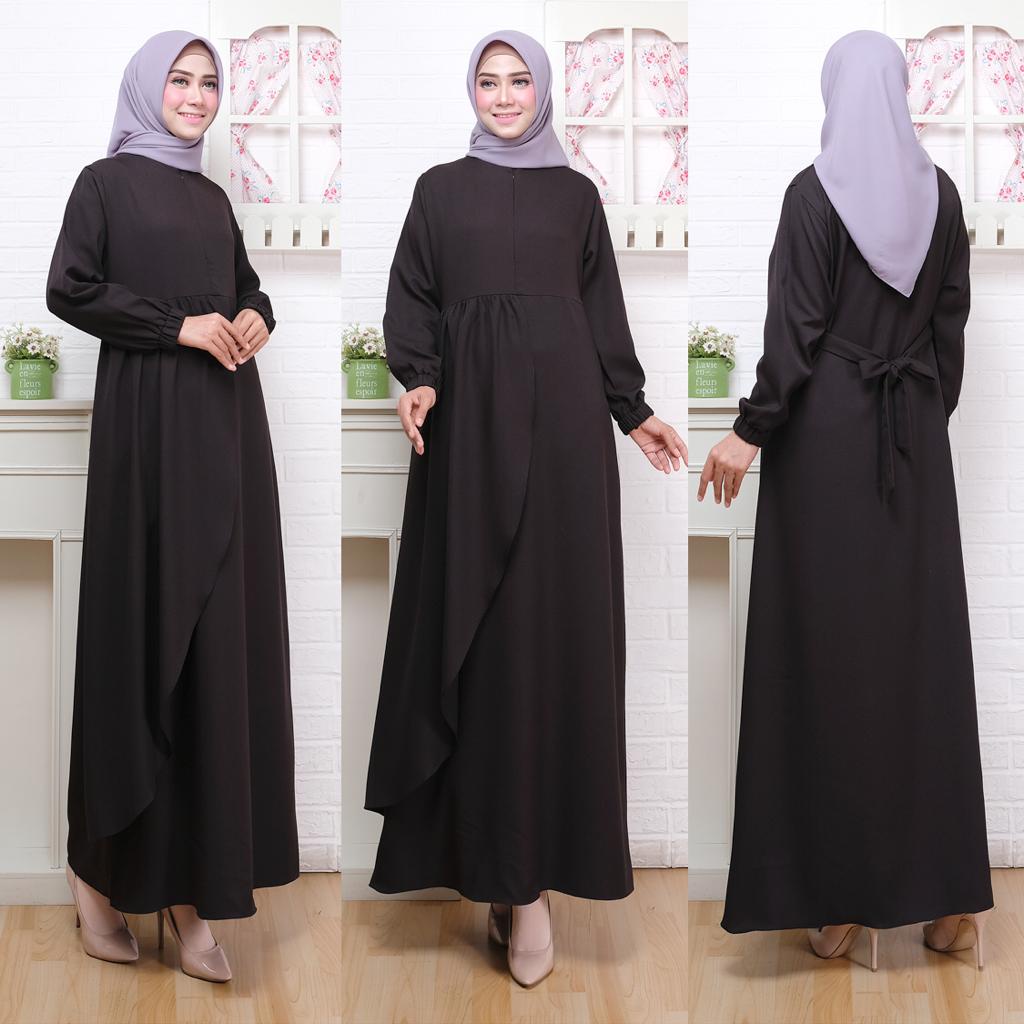 Modesee Gamis Putih Hitam Polos Basic Layer Busui Wanita Muslim Mina Dress, Gamis S M L XL XXL, Gamis Jumbo 2XL 3XL 4XL 5XL-Black 2XL