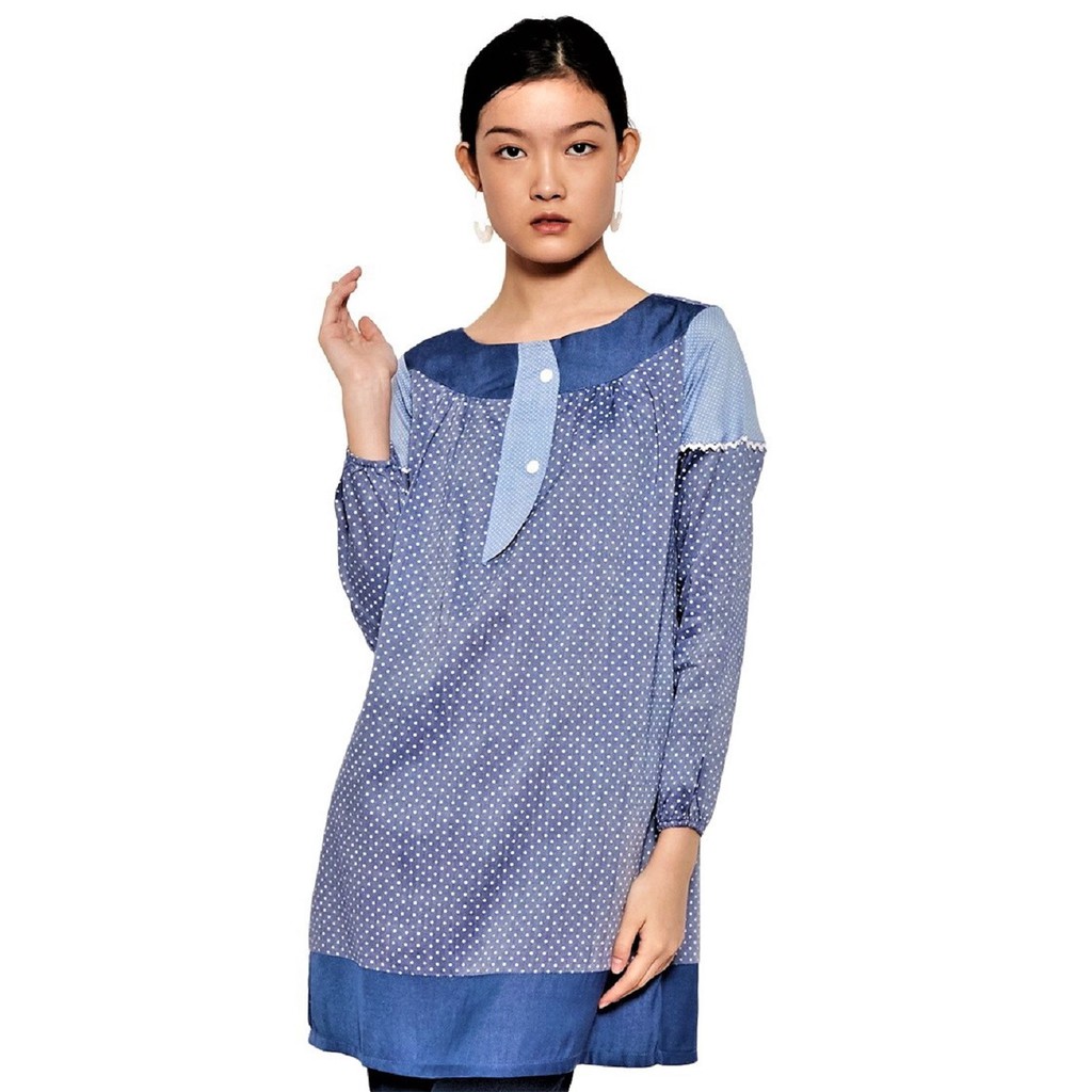 Tunik Polkadot Biru Kombinasi Blue Jeans Katun Jepang BGT02