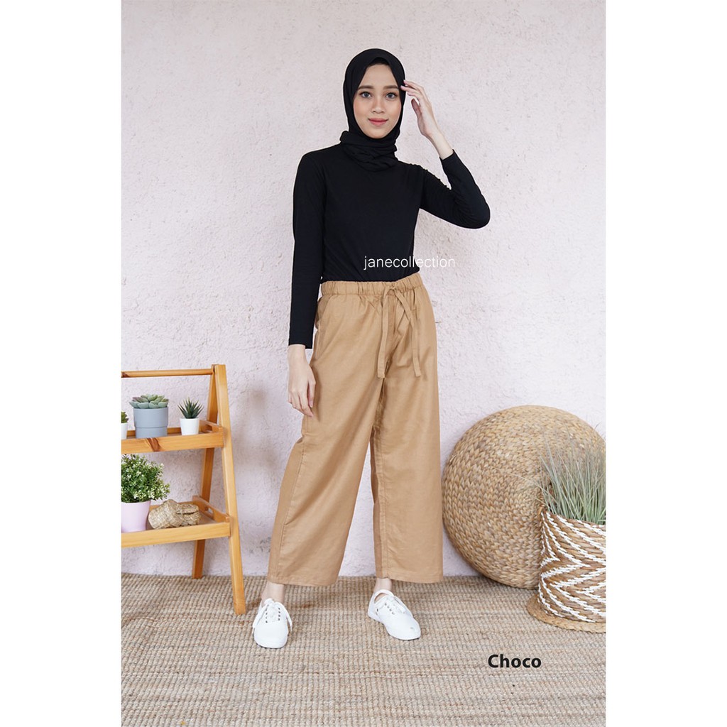 JANE COLLECTION | Celana Panjang Kulot Wanita Kerja Linen Rami Bianca Pants High Waist Cullote Hitam