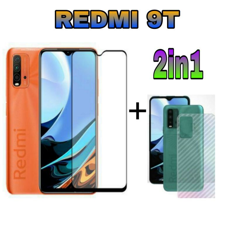 PROMO 2IN1 Tempered Glass Full Redmi 9t+Skin Carbon 3D