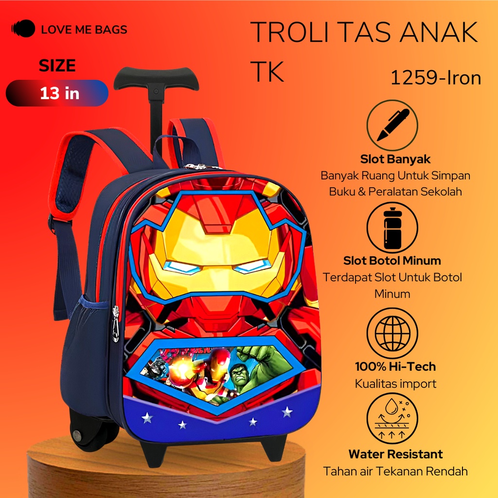 LMB Tas Troli Anak Laki Laki TK Import Gambar Karakter Superhero Bagian Depan Timbul 6D Bahan Nilon Kualitas Premium