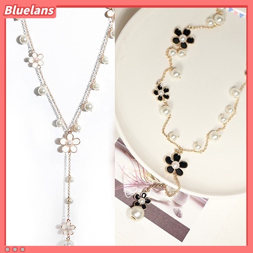 Bluelans Kalung Rantai Panjang Desain Bunga Mutiara Tiruan Gaya Korea Untuk Wanita