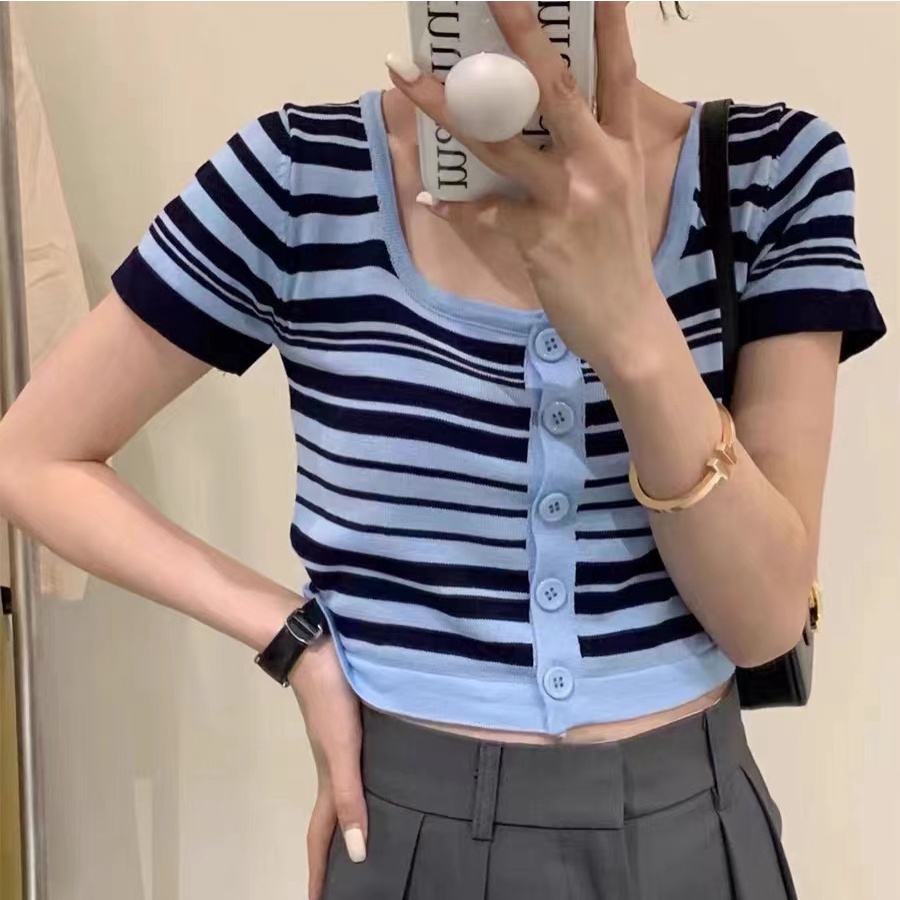 Korean Stripe Button Cropped Short Sleeve T-Shirt Atasan Wanita Motif Garis - Garis 2062