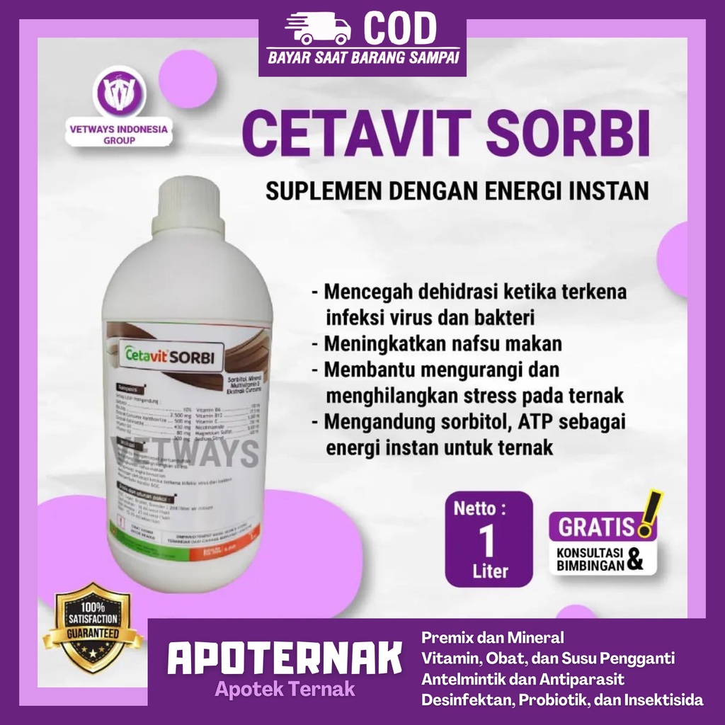 CETAVIT SORBI | Suplemen Untuk Ternak Yang Kelelahan dan Kekurangan Energi | 1 liter | Apoternak