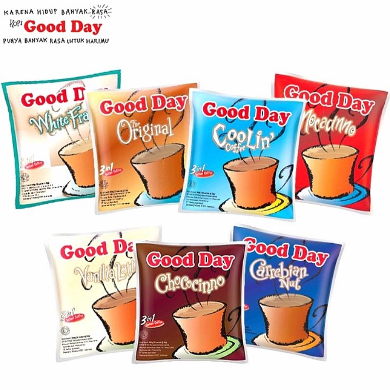 

Good Day Kopi Mocacino, Coolin, Carabian Nut, Caramel, Chococino Renceng 10x20gr