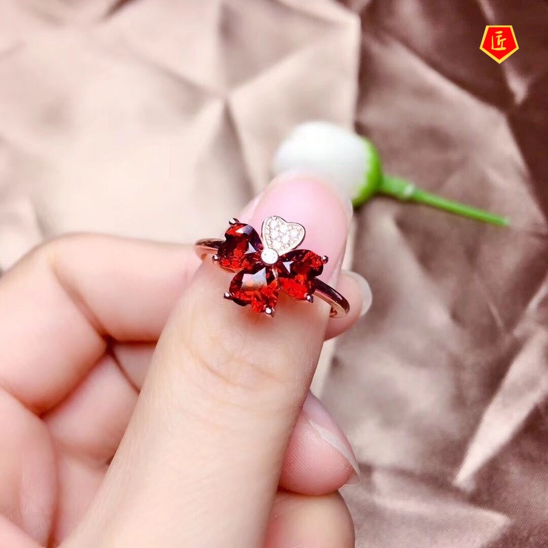 [Ready Stock]Four-Leaf Clover Necklace Heart-Shaped Ruby Ring Earings Set