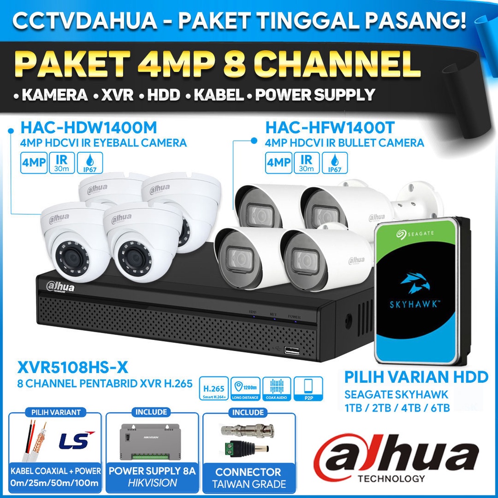 PAKET CCTV DAHUA 8 CHANNEL 4MP / 8 KAMERA 4MP DAHUA SIAP PASANG