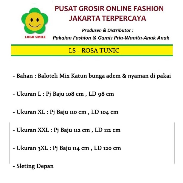 Rosa Tunik - Logo Smile (LS) - Ukuran L-3XL - Matt Baloteli Mix Katun Motif Bunga