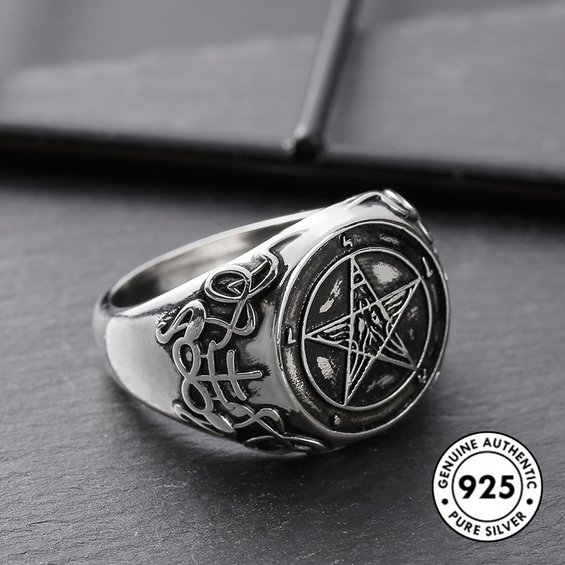 Cincin Sterling Silver 925 Model Kepala Kambing / Setan / Pentagram Untuk Wanita