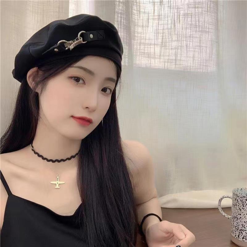 Topi Baret Bahan Kulit Warna Hitam Gaya retro Korea Untuk Wanita