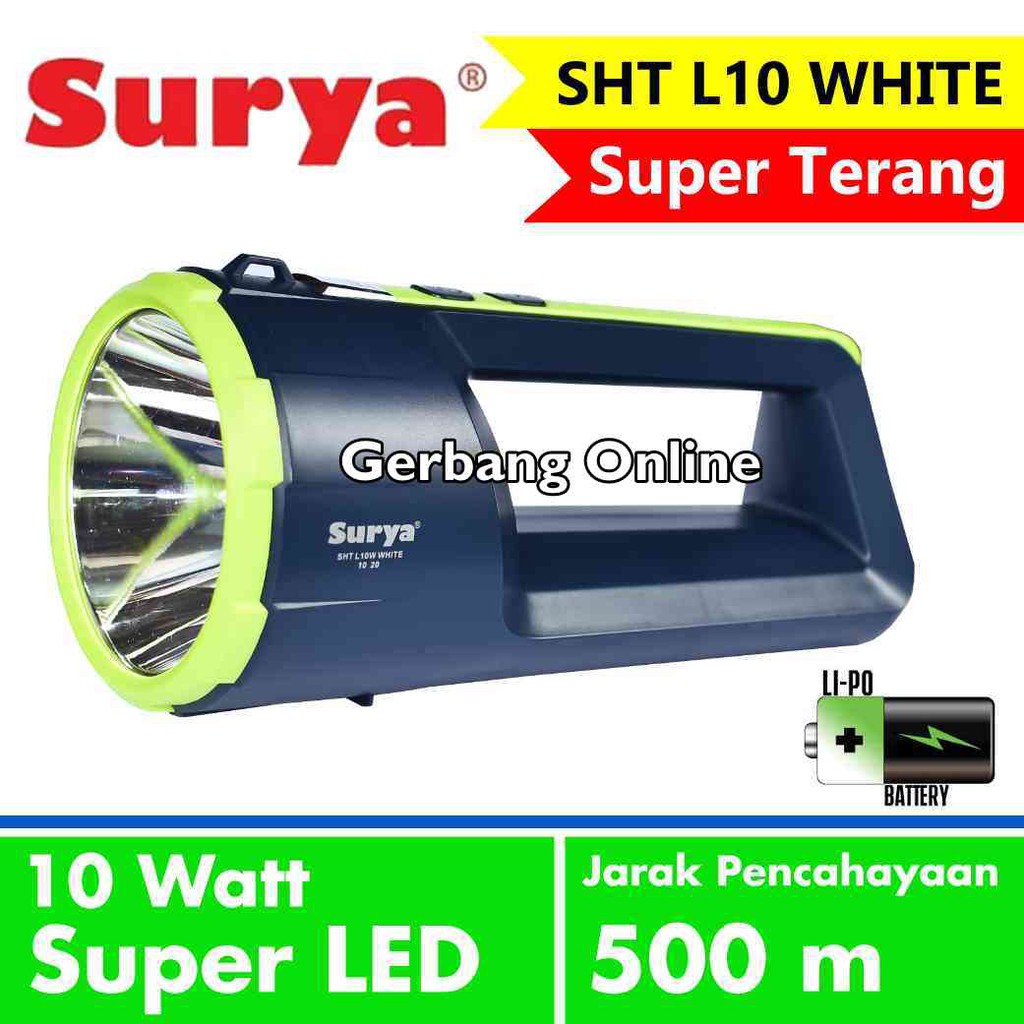 Senter Emergency LED Surya SHT 10W WHITE Lampu Darurat SOS Hijau Hitam