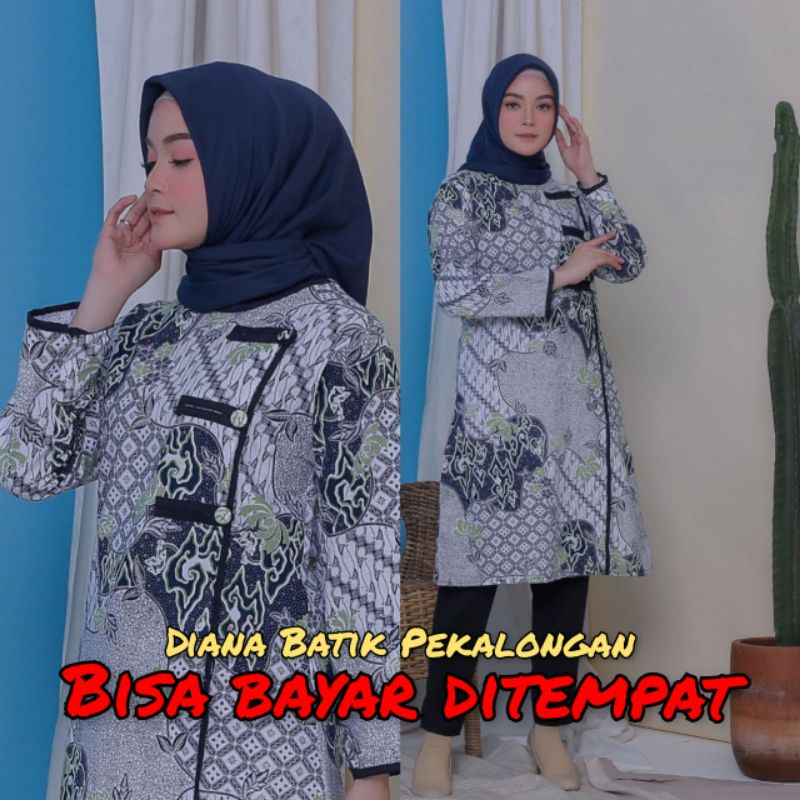 TERBARU Tunik Batik Kantor Lengan Panjang Resleting Katun Halus M L XL XXL Jumbo