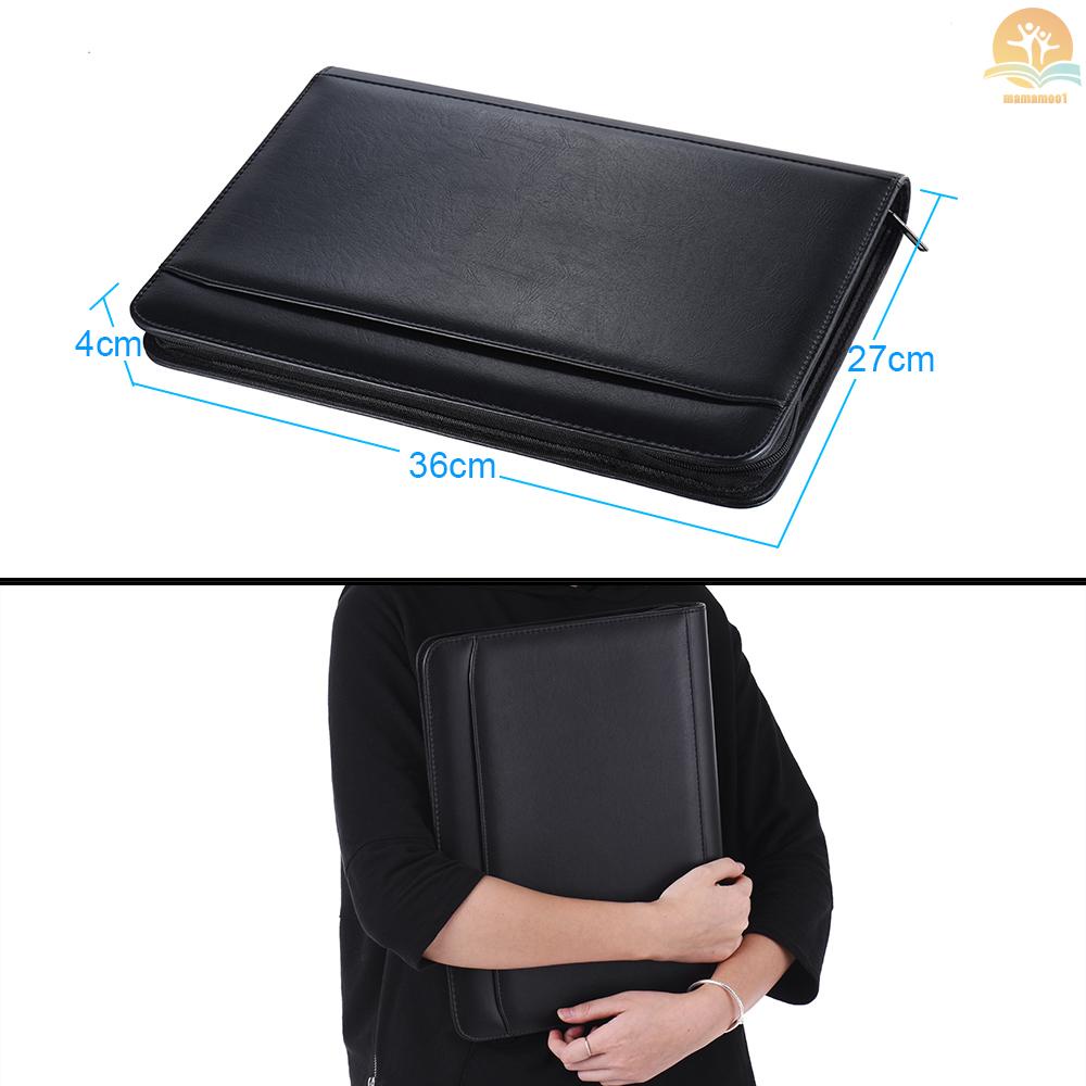 Multifunctional Professional Business Portfolio Padfolio Folder Document Case Organizer A4 PU Leather Zippered Closure Loose-leaf Loop with Calculator Business Card Holder Memo Note Pad