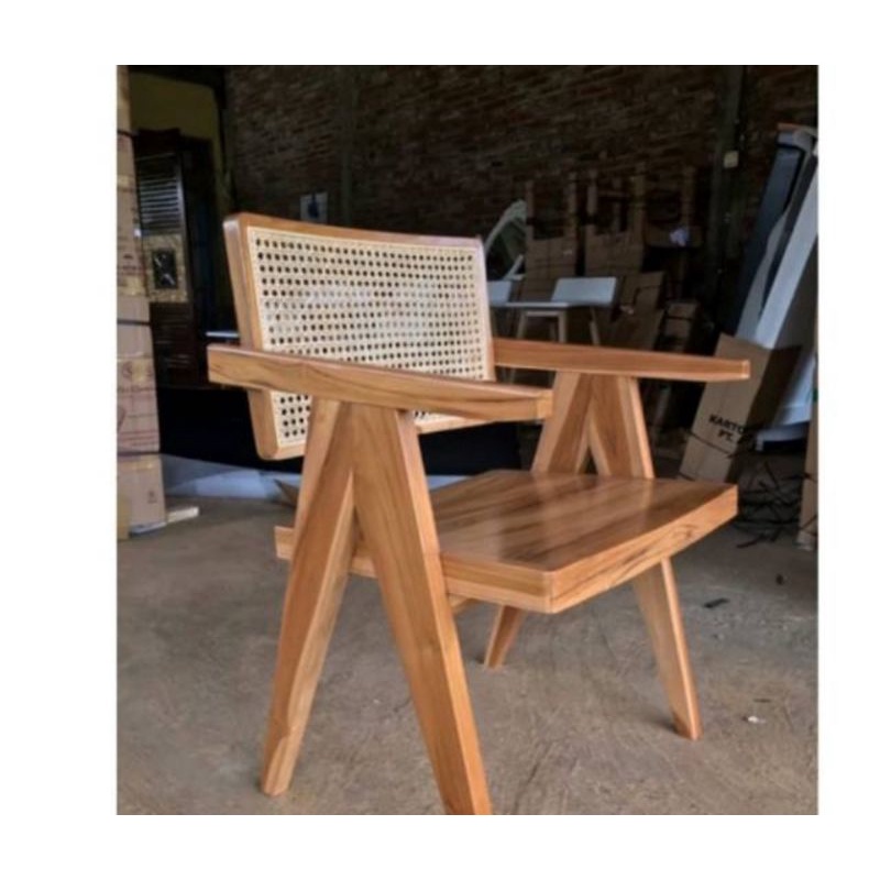 Kursi Kafe || Kursi dudukan kayu jati sandaran anyaman rotan natural teak wood