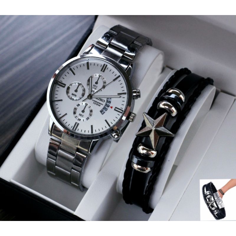 { COD } free gelang || jam tangan rantai pria Seiko tanggal sabit chrono variasi KW-2968OR tanggal a