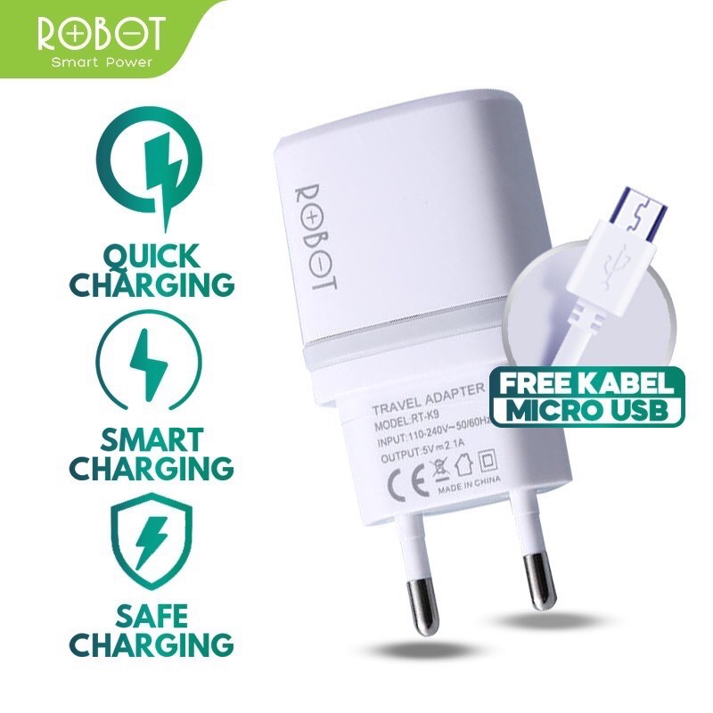 Robot RT-K9 12W Dual Port 2.1A Adaptor + Micro USB Data Cable 1M - Garansi Resmi 1 Tahun