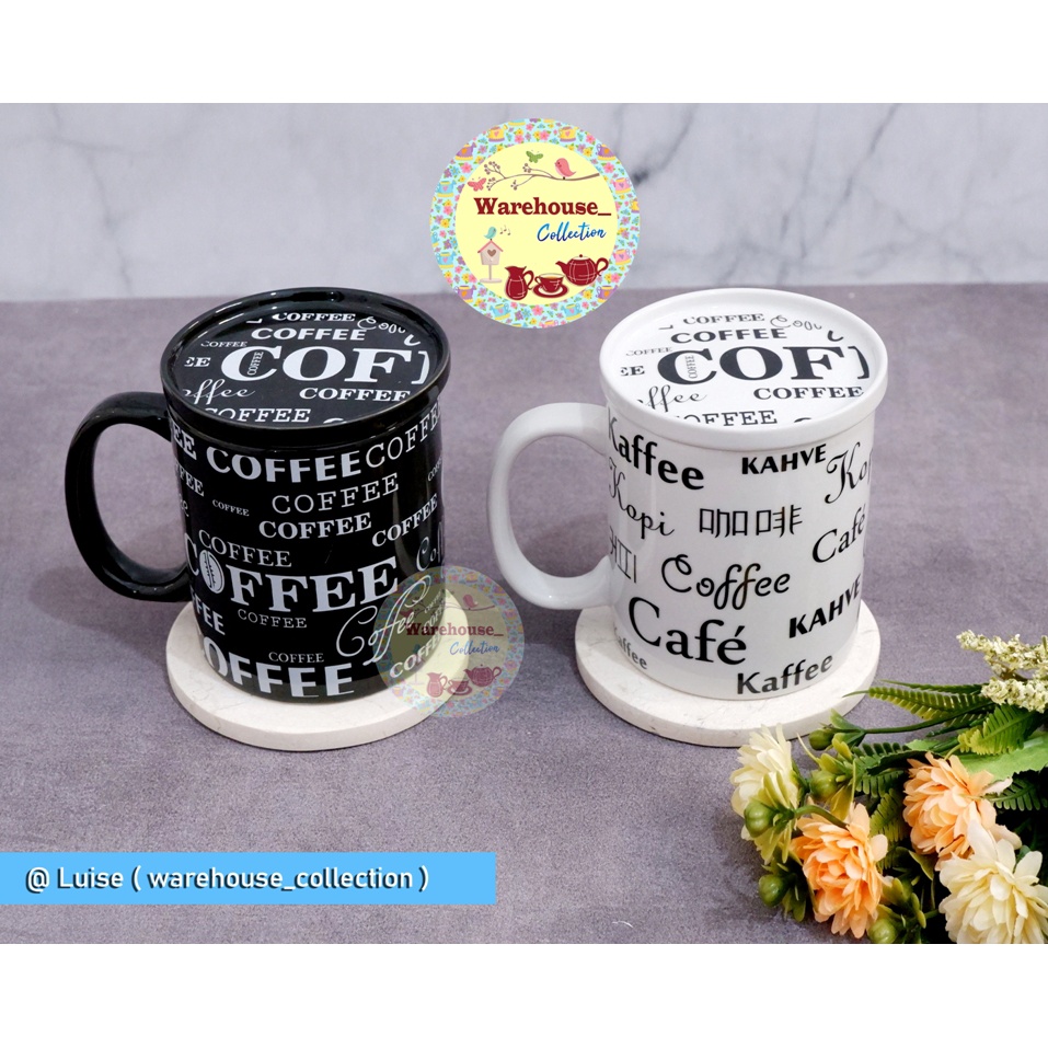 Mug /Cangkir + Tutup Full Print Coffee Keramik / Gelas Kopi black or white per-pcs