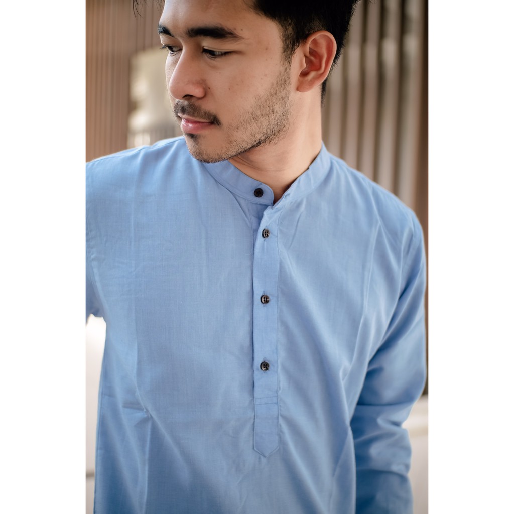 Kemeja Koko Pria Kurta Pakistan Polos Muslim Biru Muda Oxford