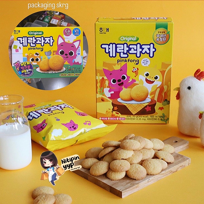 Korean HAITAI Original PINKFONG Egg Cookie With Calcium &amp; Vitamin For Kids - Korean PinkFong Baby Shark Egg Biscuit Snack Sehat Untuk Anak-Anak (70gr)