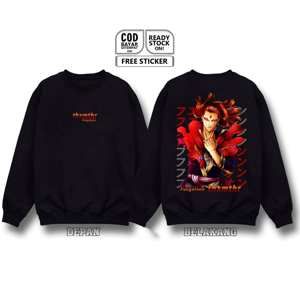 SWEATER CREWNECK FUEGOLEON VERMILLION BLACK CLOVER ASSASIN NOZEL MEREOLE FINRAL ASTA YAMI BAJU SIGN