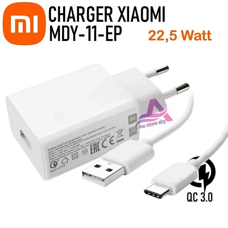22W Charger Xiaomi Type C Fast Charge Redmi 8/Redmi 9/9T/10C/Note 7/7 pro/Note 8/8 pro/Note 9/ Poco M3 (22WATT)