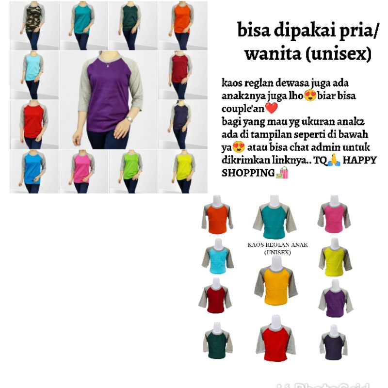 kaos polos reglan pria wanita (unisex) lengan 3/4 uk M L XL XXL