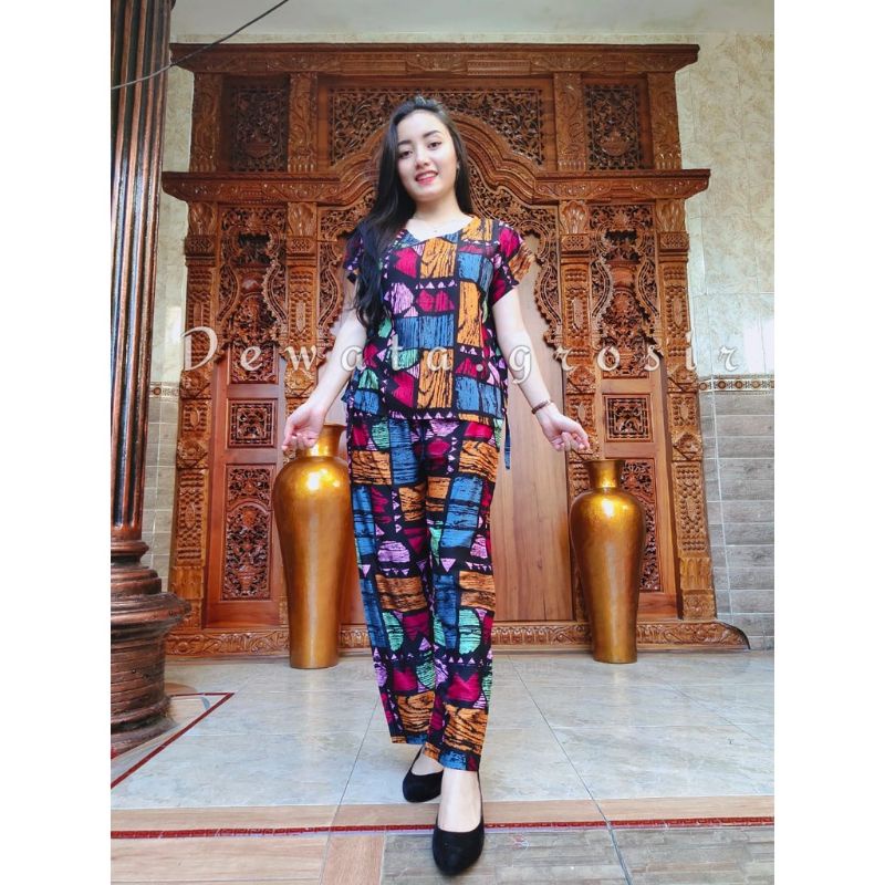 BAJU WANITA PIYAMA BAJU TIDUR SETELAN ONE SET BABYDOLL RAYON SUPER KOPI BALI ROBUSTA TERLARIS-Puzzle TerraGrey