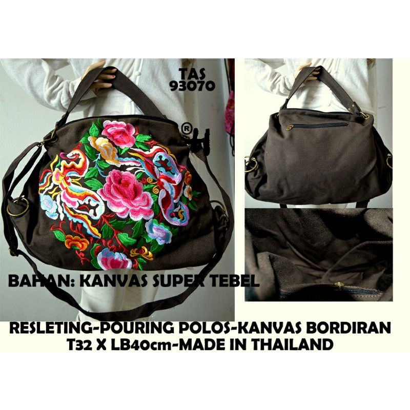 Tas selempang dan tenteng kanvas bordir bunga Thailand oleh-oleh souvenir Bangkok