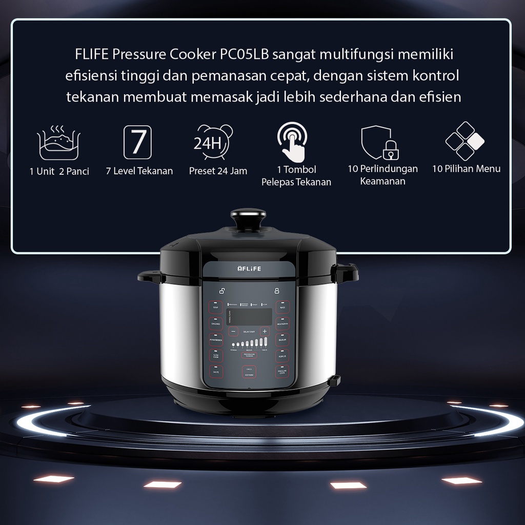 FLIFE PC05LB Pressure Rice Cooker Multifunction Electrik 5 Liter Panci Presto 7 Level Tekanan 10 Pilihan Menu Praktis