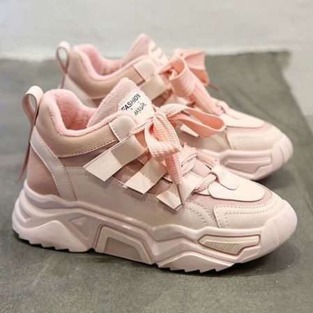 Sepatu Sport Kasual Wanita Tali Merah muda/Hitam/Putih Karet Sneakers Wanita Import Original