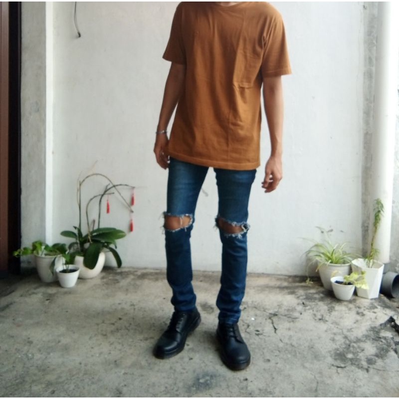 Ntf Man Jeans Dark Blue Original (Celana Slim Fit) Ripped Pants