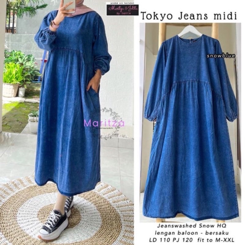 Dress Denim Midi Long Tunik Wanita Jeans Wash