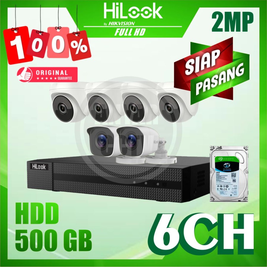 Paket CCTV HiLook by Hikvision 2MP 6 Kamera HDD 500G Siap Pasang