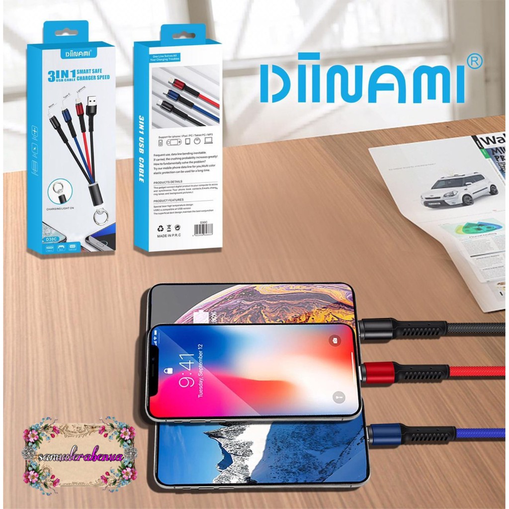 BM018 Diinami Kabel Data Colors 3in1 Micro+Lightning+Type-C 2.4A 30cm SB1170