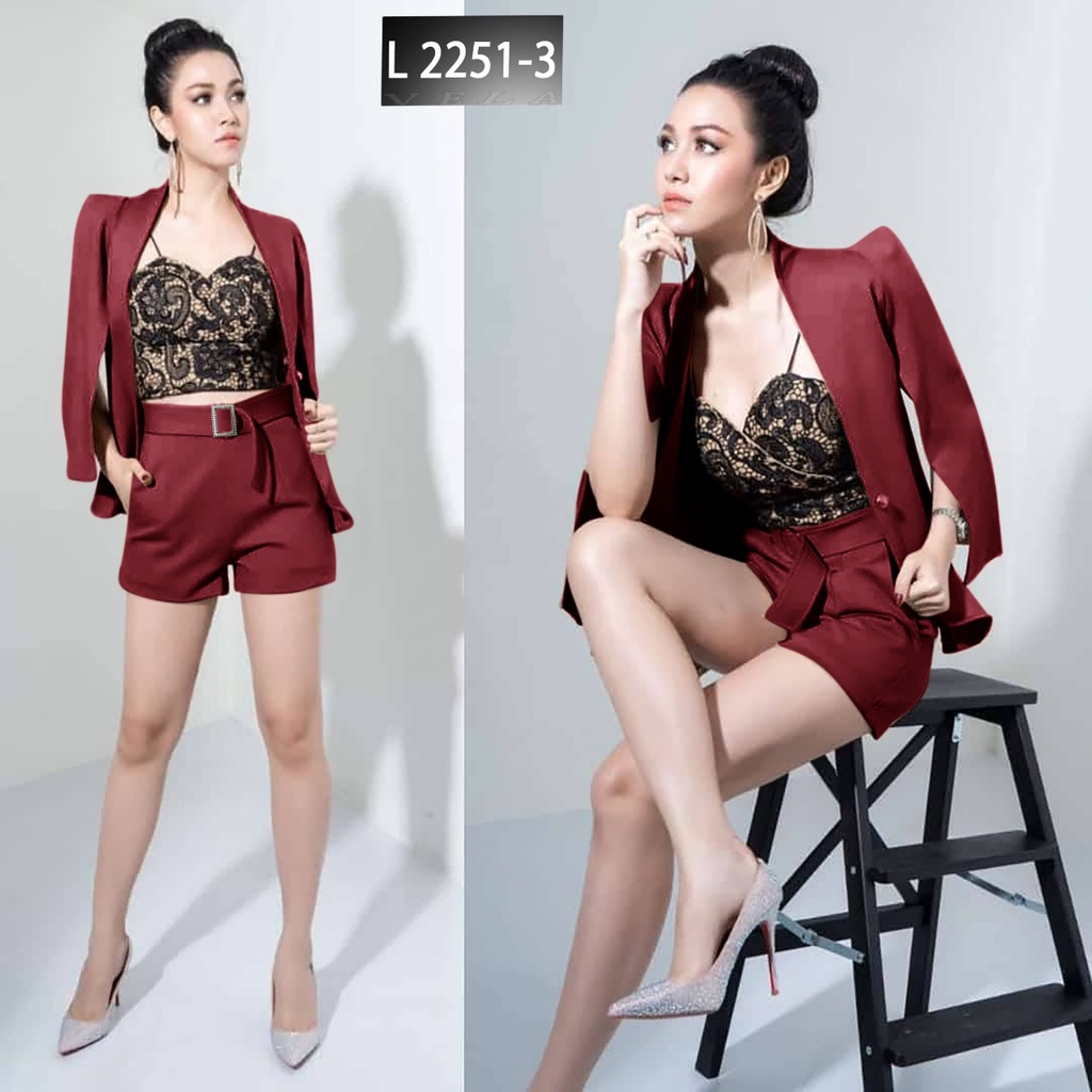 GraceShop83 Set Blazer Wanita Scuba Inner Kain Brokat dan Celana Bahan Wanita Scuba Premium One Set 