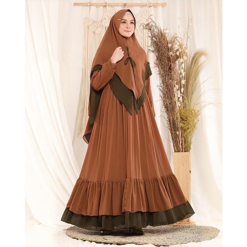 Zahara Syari Dress Ceruty Babydoll Renda Bawah Plus Khimar Pinguin 2 LayerLengan Kancing Dress Polos
