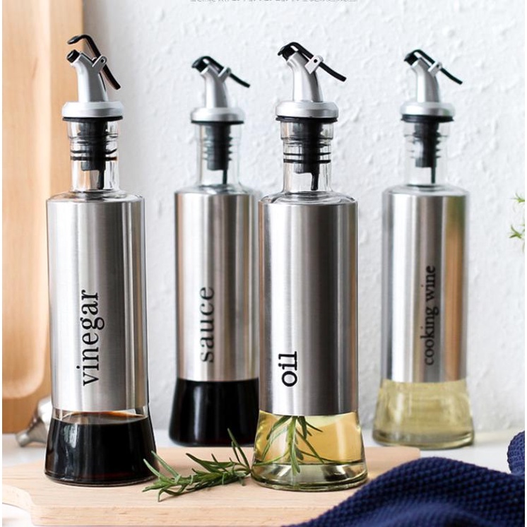 HOVELSHOP Botol Minyak Stainless Steel Kaca Penyimpanan Kecap Olive Oil Syrup